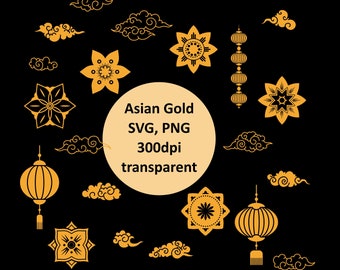 Traditionally Asia Gold 21 elements - SVG, PNG - oriental - chinese, china - japanese, japan - tradition - sakura - instant digital download