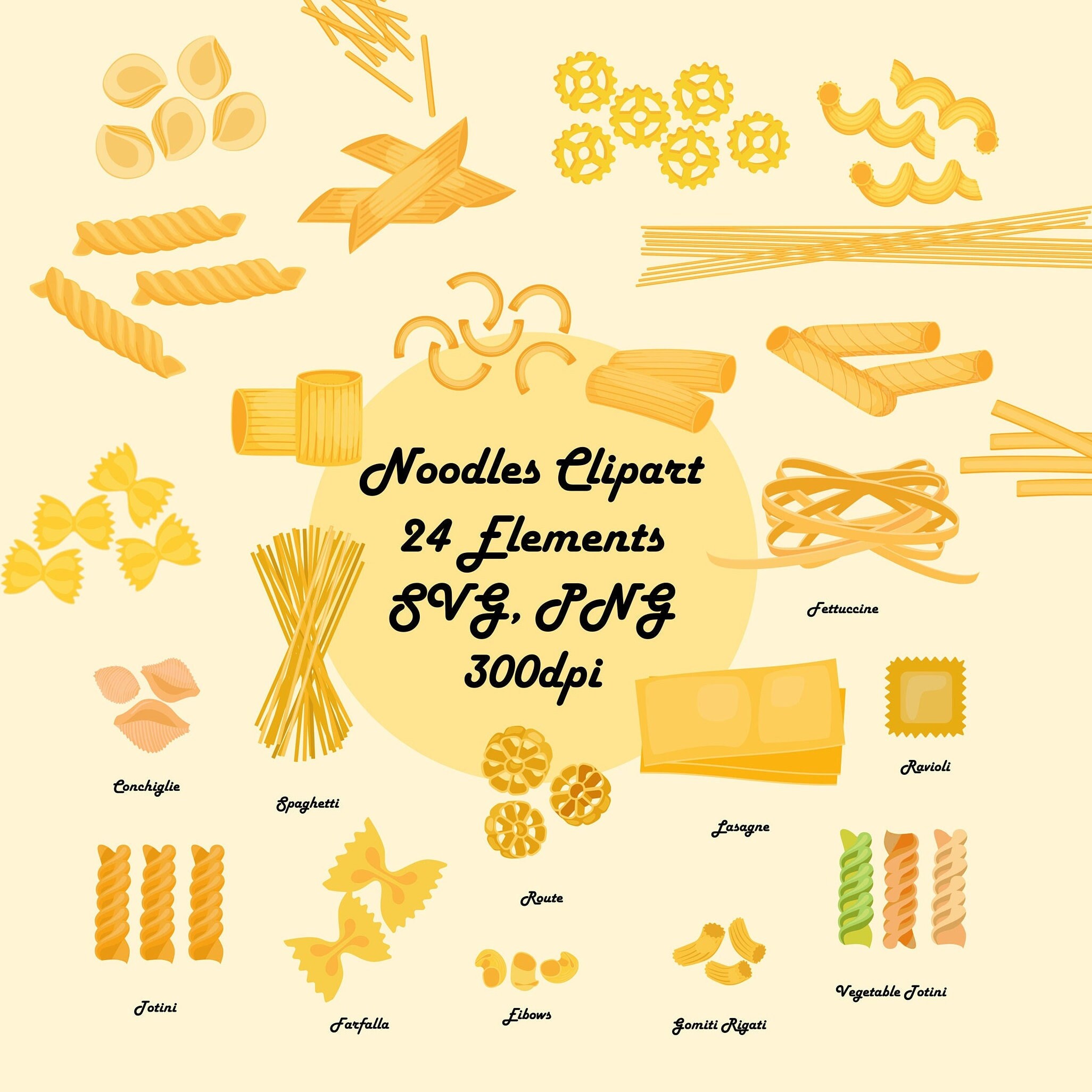 Pasta Clipart 24 Elements SVG, PNG Pasta Graphics Farfalle Macaroni