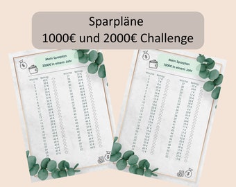 Spaarplan Challenge - 52 weken geld sparen - 1000 en 2000 euro spaarchallenge - printversie - pdf - download - print