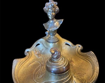 Antique Art Nouveau Brass Inkwell