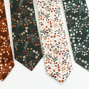 Wild flower Cream, Cinnamon and dark green tie, Rust orange and cream wedding tie, Emerald, Burnt orange floral tie, Terracotta floral tie