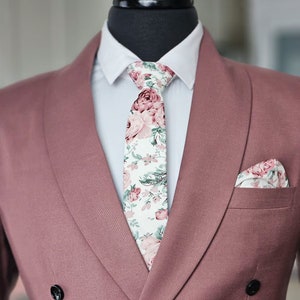 Dusty rose, blush, sage floral tie, Blush floral wedding tie, Groomsmen dusty rose tie, Azazie dusty rose tie, Sage green and blush pink tie image 1