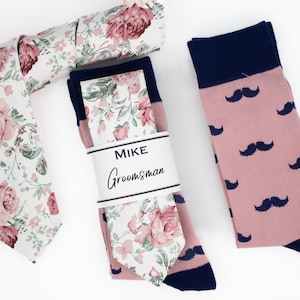 Dusty pink and sage floral tie, Dusty rose Groomsmen mustache socks, Dusty rose wedding tie and socks, Dusky pink tie, Quartz floral tie