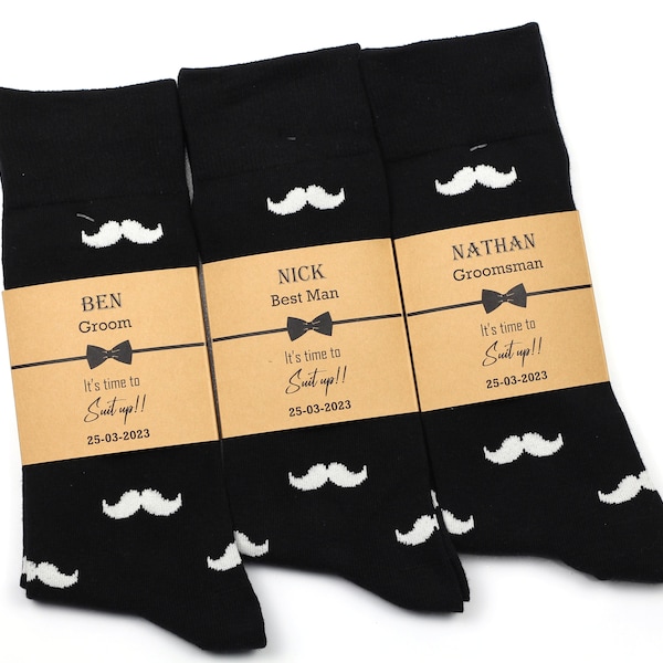 Groomsmen socks, Wedding socks gift set, Black & White socks, Mustache socks, Men dress socks black, Black wedding socks,Custom socks labels