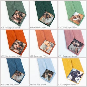 May include: Six rows of six different colored velvet ties with a personalized photo insert. The ties are in the colors eucalyptus, emerald, dusty sage, burnt orange, cedar rose, dusty rose, steel blue, ice blue, and marigold.
