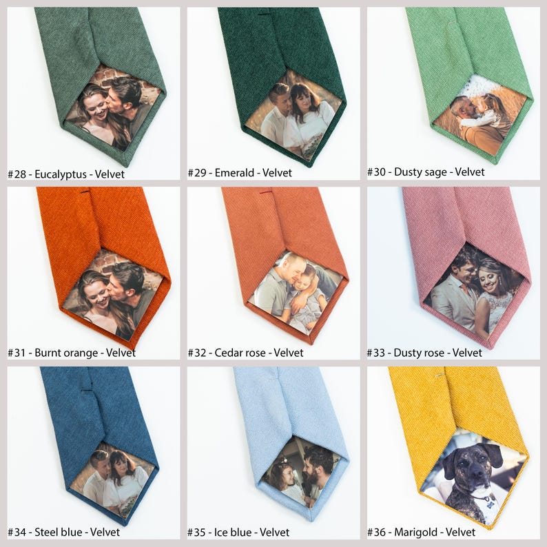 May include: Six rows of six different colored velvet ties with a personalized photo insert. The ties are in the colors eucalyptus, emerald, dusty sage, burnt orange, cedar rose, dusty rose, steel blue, ice blue, and marigold.