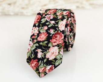 Groom Tie, Floral tie, Black floral tie, Flower tie, Wedding tie, skinny tie, Groomsmen tie, Custom label, Floral slim tie, FINAL SALE