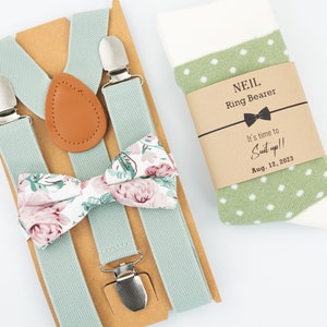 Sage suspenders, dusty rose, blush and sage floral tie, sage with ivory polka dot socks, kids suspenders, tie & socks set, floral pink tie
