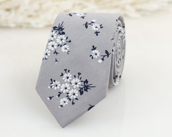 Groomsmen grey floral necktie, Grey and Navy Floral tie, Azazie steel grey floral necktie, Silver wedding tie, matching pocket square