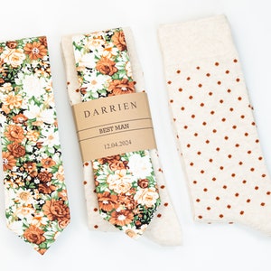 Burnt orange floral tie, Cream polka dot socks, Terracotta floral tie, rustic wedding socks and tie, Copper fall tie, cinnamon necktie
