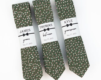Dark green floral tie, Slim necktie, Custom tie labels, slim floral tie, Dark Sage Green floral tie