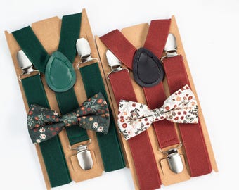 Floral Bow Tie & Suspenders Set, Emerald Green or Rust, Fall Wedding Ring Bearer Outfit, Groomsmen, Toddler Boys Men Matching ties and socks