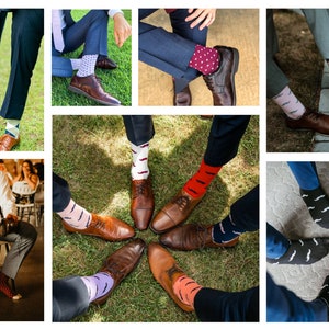 This picture shows a collage of in action pictures of socks that has argyle, mustache and polka dot socks. The socks look great with any color of suit and completes the look of wedding party. The socks are comfortable, fun, usable gift for groomsmen.