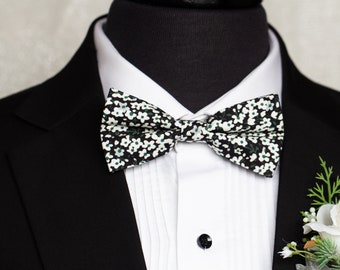 Black and white floral tie, black, sage green wedding tie, black wedding tie, black floral tie, groomsmen black tie, black wedding theme tie