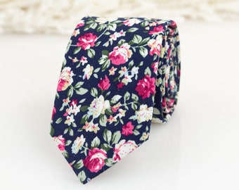 Navy blue & dark pink floral tie, Groomsmen navy blue necktie, matching kids bow tie, Page boy navy floral tie, Navy fuchsia floral tie