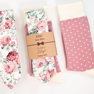Dusty rose and sage floral tie, Dusty rose polka dot socks, Dusty rose wedding tie, Azazie dusty rose tie and socks, Dusky pink socks & tie