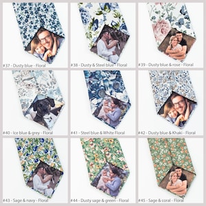 May include: Nine different patterned neckties with a photo insert. Each tie has a different color and pattern, including dusty blue, steel blue, ice blue, sage, and khaki. The photos in the inserts are of couples, families, and pets.
