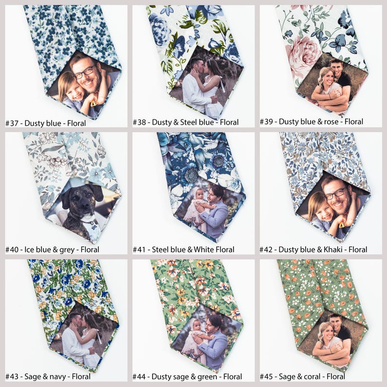 May include: Nine different patterned neckties with a photo insert. Each tie has a different color and pattern, including dusty blue, steel blue, ice blue, sage, and khaki. The photos in the inserts are of couples, families, and pets.
