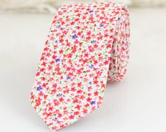 White, pink and purple floral tie, small wild flower pattern tie - Final Sale