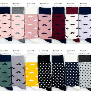 Picture 4 of 5 socks pictures has next 18 colors of socks. Mostly socks are mustache design with colors like navy, blush, dusty rose, burgundy, lavender, purple, sage, grey yellow. Last 5 socks are polka dot socks. Great for wedding or casual wear.