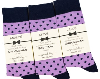 Groomsmen socks purple and navy polka dots, Purple wedding socks, Best man socks gift, Groomsmen proposal socks with personalized labels