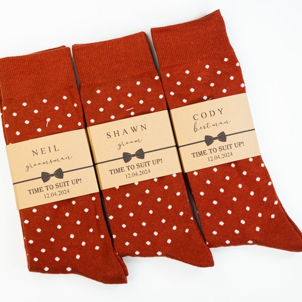 Groomsmen rust wedding socks, Personalized socks, Custom socks labels, Burnt orange socks, Dark orange socks, Deep terracotta socks