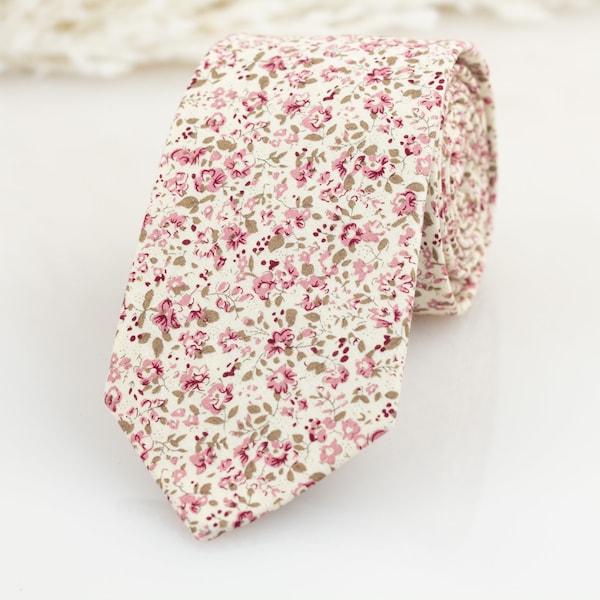 Quartz Floral Tie, Cream, blush, dusty rose floral tie, Groomsmen dusty rose floral necktie, Azazie dusty rose tie, Davids bridal quartz tie