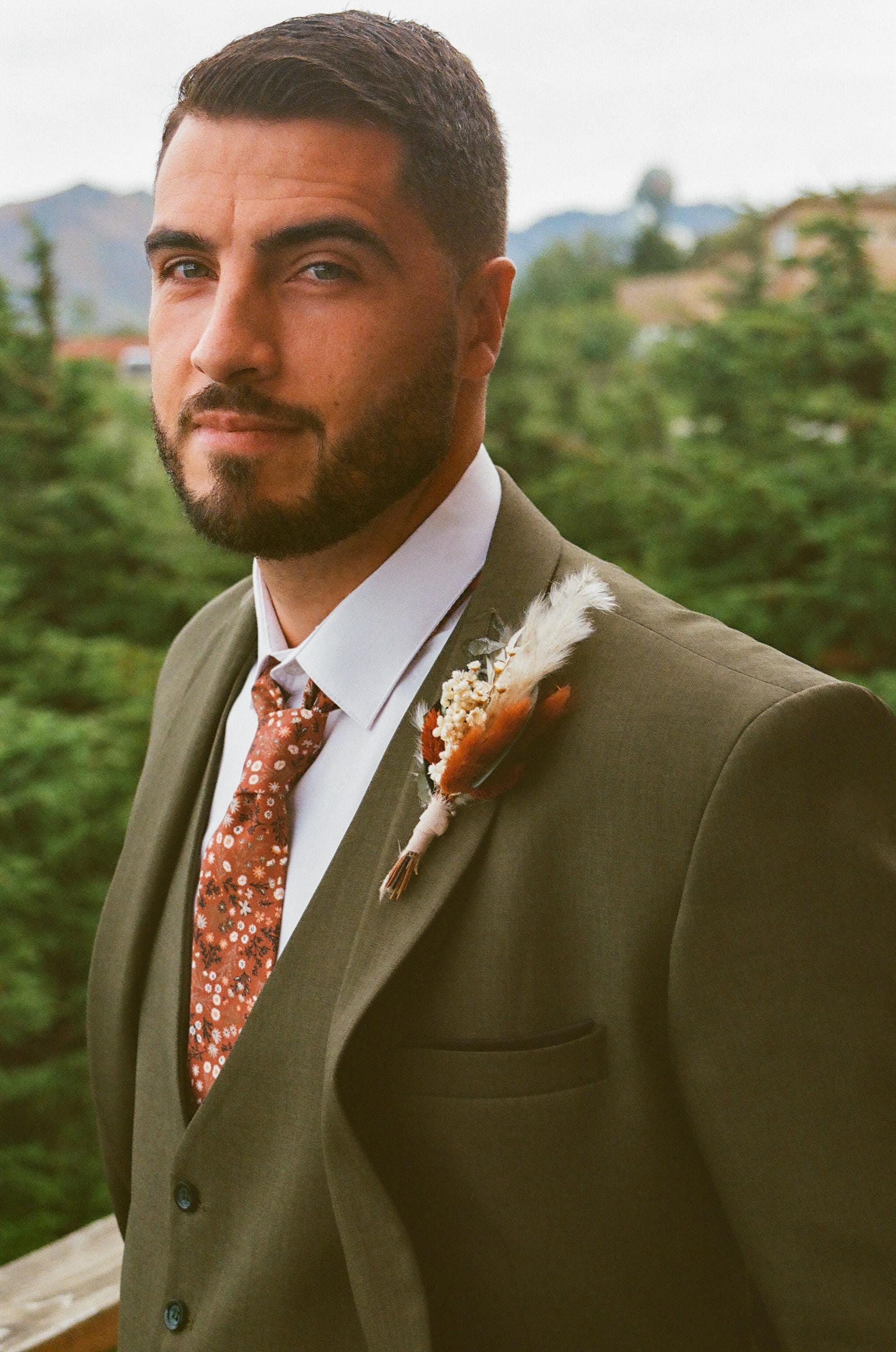 Green Floral Tie, Burnt Orange Floral Tie, Eucalyptus Floral Tie