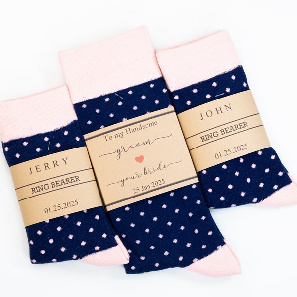 Groomsmen socks navy matching children socks, Groomsmen gifts, Ring bearer socks gift, Kids dress socks, Navy and blush polka dot socks