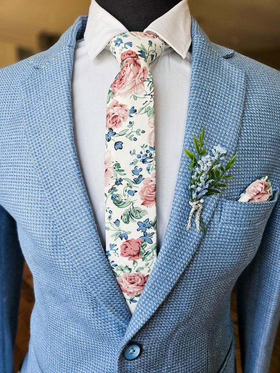 Cravatta Uomo In Puro Cotone Blu, Rosa E Verde Con Fantasia Floreale, Larghezza 8 Cm