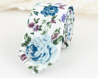 Groom Tie, White, Blue & Purple Floral tie, Flower tie, Wedding tie, skinny tie, Groomsmen tie, Dusty blue tie, Floral slim tie, Final Sale