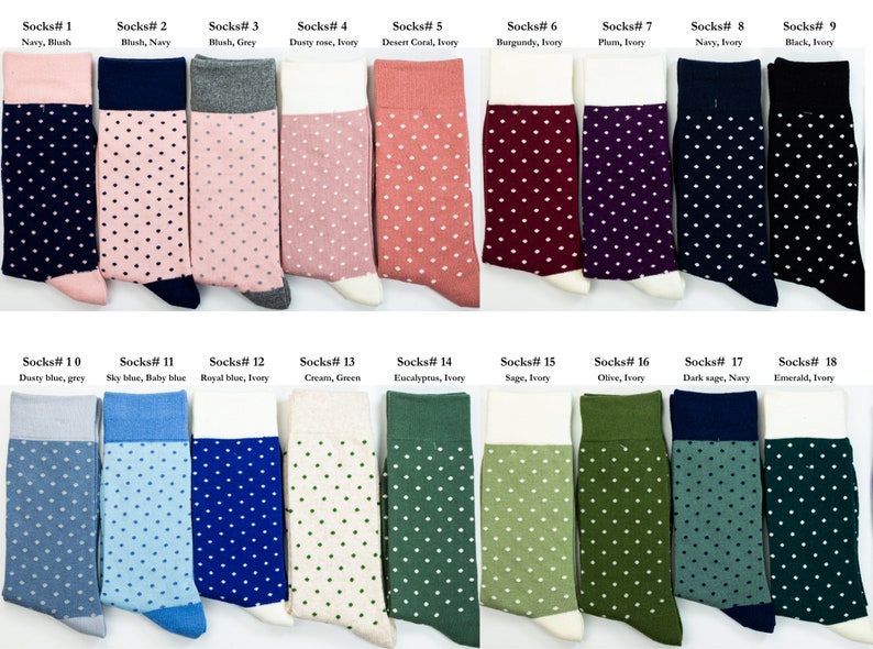 Pick socks numbers from next 5 pictures. We have 90 different socks to pick from. Amazing color choices with polka dot, argyle, mustache designs or simple solid color socks. You can mix and match these styles.