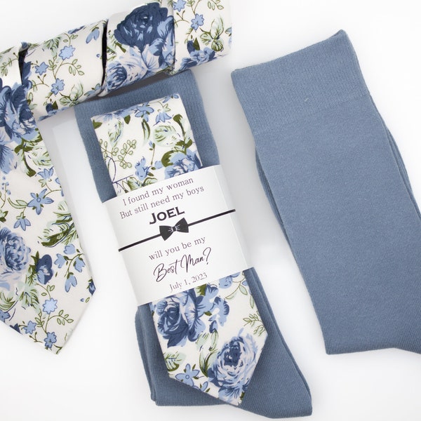 Pale blue floral necktie, Dusty Blue floral tie, shades of blue tie, Solid dusty blue groomsmen socks, Dusty blue wedding theme tie