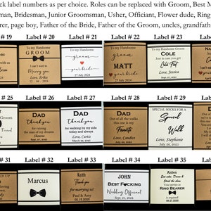 More selection of labels from this picture. Again roles can be replaced with your choice. Labels are perfectly printed and grooved to fit around the socks to make a great presentation to your wedding party. A great idea to propose your groomsmen.
