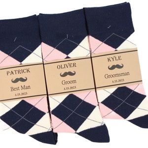 Groomsmen socks, Navy, Ivory & Blush Argyle Socks, custom Socks Labels, Personalized Groomsmen socks, Men dress socks, wedding day socks
