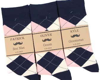 Groomsmen socks, Navy, Ivory & Blush Argyle Socks, custom Socks Labels, Personalized Groomsmen socks, Men dress socks, wedding day socks