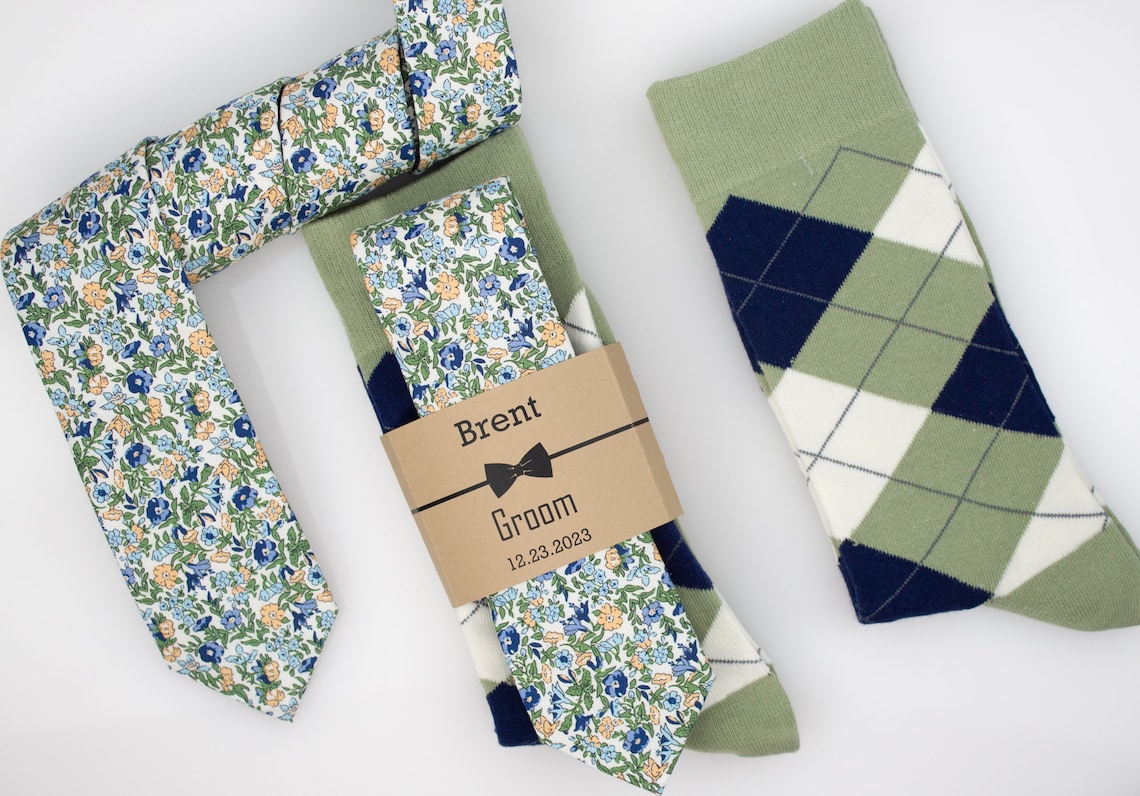 Sage green floral tie Sage green blush and ivory argyle image 1