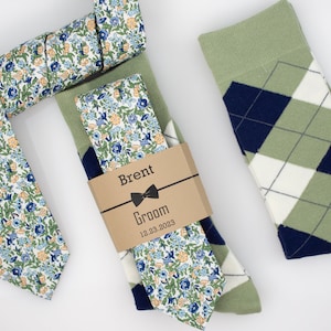 Sage green & Navy floral tie, Sage green, Navy and ivory argyle socks, Forest green floral necktie matching bow tie and pocket square