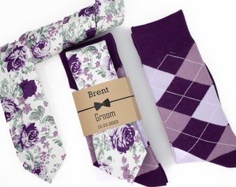 Deep purple floral tie, Plum, lavender, mauve and sage wedding necktie, Plum, mauve & lavender argyle socks, Matching plum floral pocket sq
