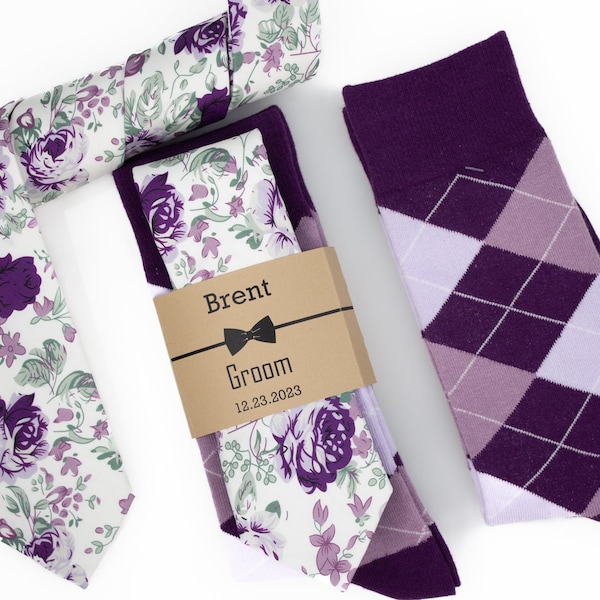 Deep purple floral tie, Plum, lavender, mauve and sage wedding necktie, Plum, mauve & lavender argyle socks, Matching plum floral pocket sq
