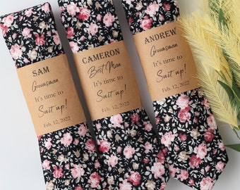 Groom Tie, Floral tie, Black and Blush/ pink tie, Flower tie, Wedding tie, Men&#39;s skinny tie, Groomsmen tie, Floral slim tie, Final Sale