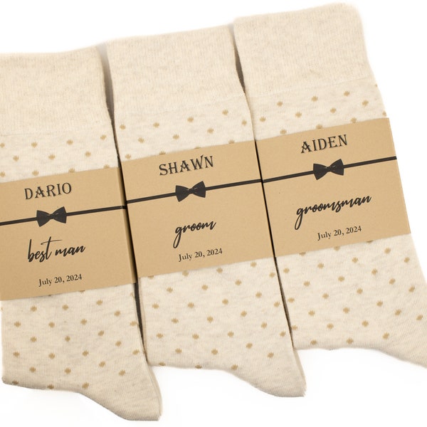 Cream color socks with beige polka dot socks, Personalized Groomsmen socks, Custom Labels, boho wedding socks, Shabby chic wedding socks