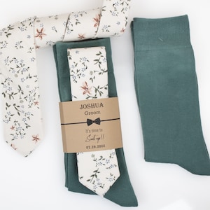 Cream, sage and light brown floral tie, sage and cream/ ivory polka dot socks, cream and sage wedding socks and tie, cream floral tie