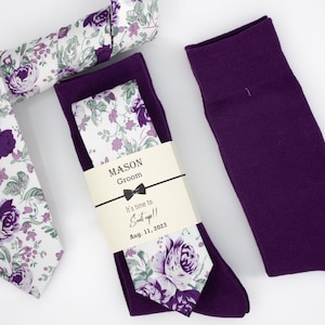 Plum, Mauve and Lavender floral tie and plum solid color socks, Groomsmen socks and ties, Dark purple socks, Deep purple socks and tie