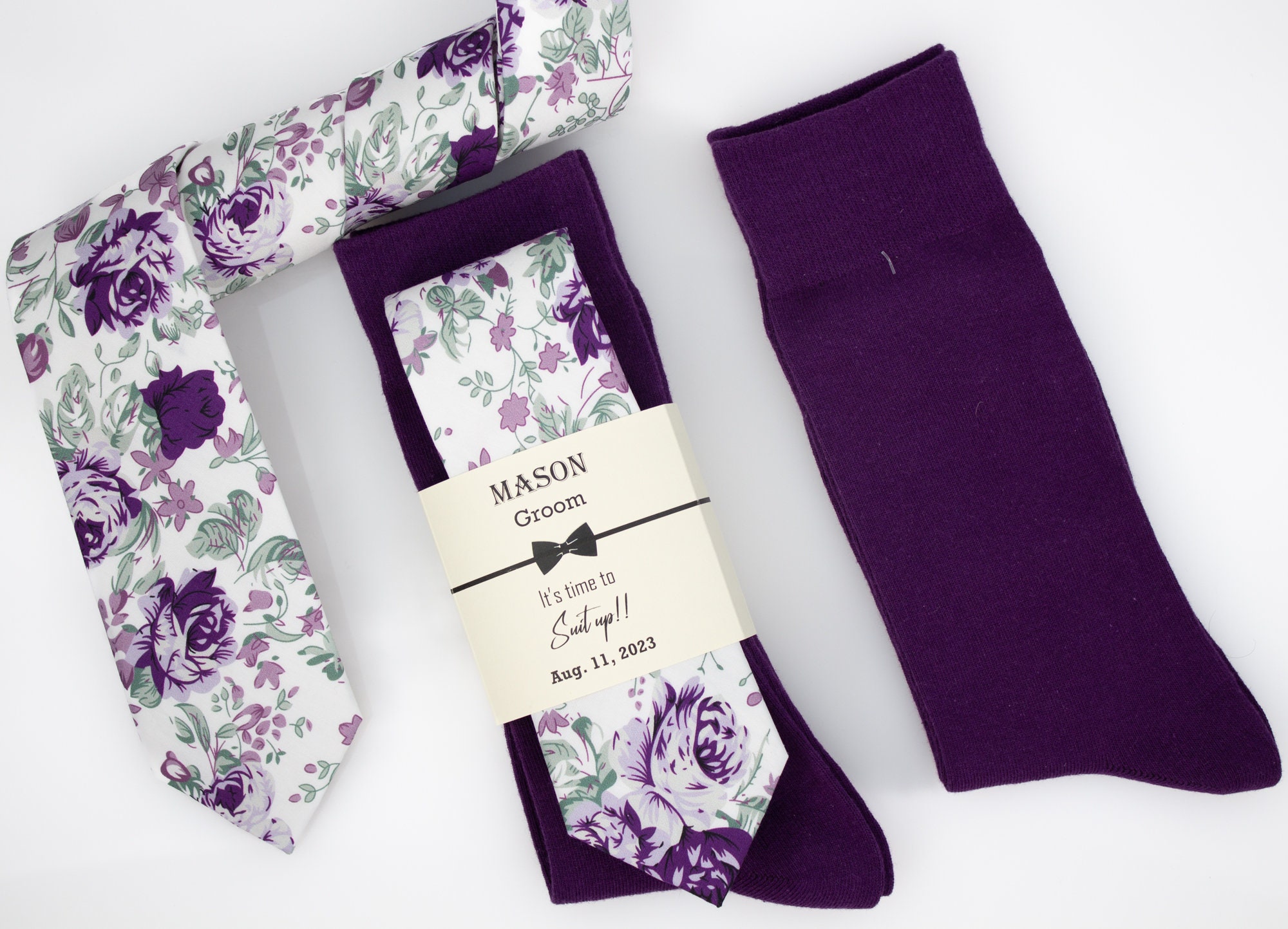 Plum, Mauve and Lavender floral tie and plum solid color socks, Groomsmen socks and ties, Dark purple socks, Deep purple socks and tie