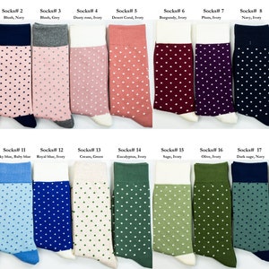 Pick socks numbers from next 5 pictures. We have 90 different socks to pick from. Amazing color choices with polka dot, argyle, mustache designs or simple solid color socks. You can mix and match these styles.