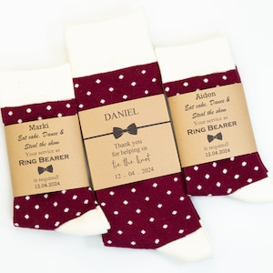Burgundy polka dot groomsmen socks, matching kids socks, Groomsmen gifts, Ring bearer socks gift, Kids dress socks, Burgundy and Ivory socks