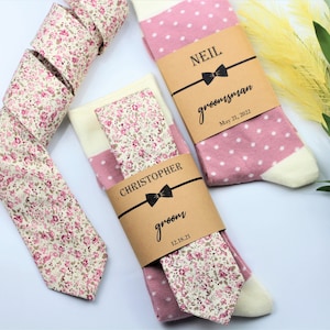 Quartz/ dusty rose tie, Dusty rose & cream groomsmen socks, Dusty rose wedding neck tie, Personalized socks labels, Groomsmen gift socks set