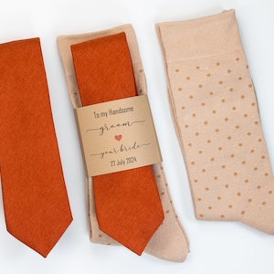 Champagne socks, Solid burnt orange velvet tie, Rust orange tie, boho wedding socks and tie, Terracotta tie, Groomsmen socks and tie