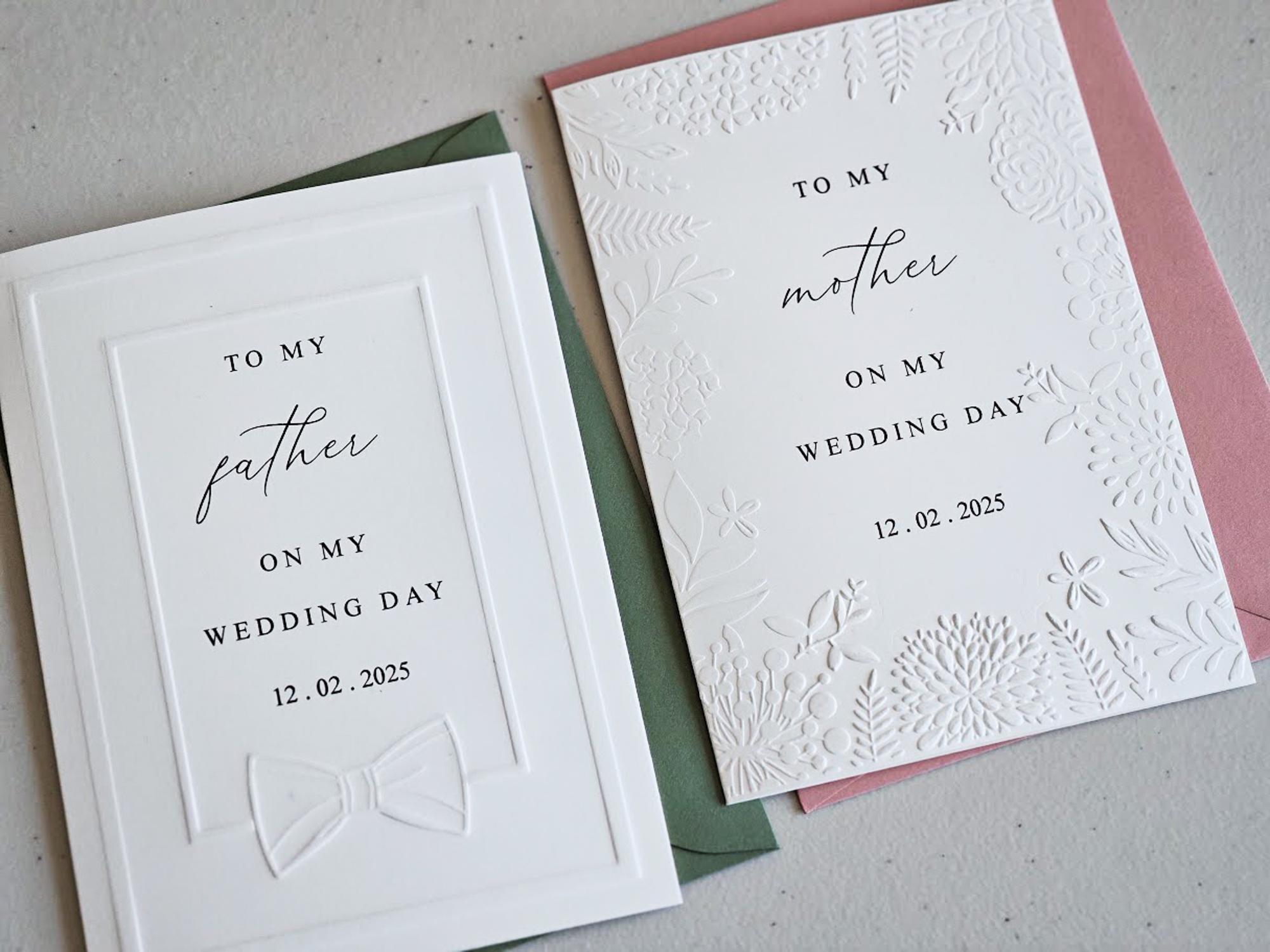 Wedding day cards, set of 2 cards, personalized father mother cards, Father of bride card, mother of bride card, Custom wedding day cards